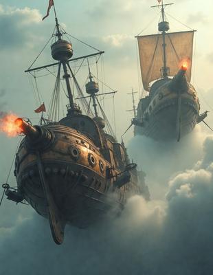 The primary subject of the image is a large, old-fashioned ship with a cannon on its side. The ship is flying through a cloudy sky, giving it a sense of adventure and movement. The setting is a vast, open sky, with no visible land or other objects in the background. The visual style of the image is a combination of photo and digital art, creating a unique and captivating scene. The colors and mood of the image are predominantly dark and moody, with the clouds and the ship's design adding a sense of drama and intrigue.